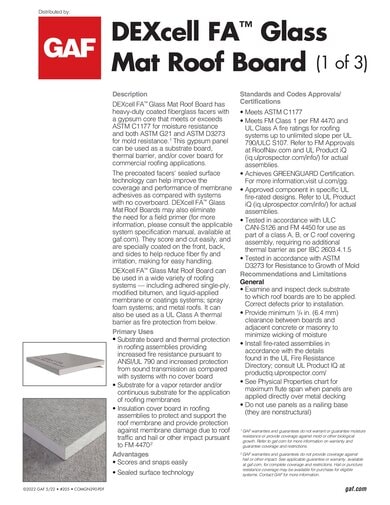 DEXcell FA Glass Mat Roof Board Data Sheet - COMGN390