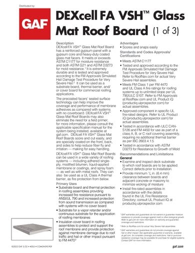 DEXcell FA VSH Glass Mat Roof Board Data Sheet - COMGN392