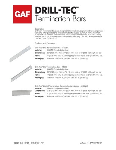 Drill-Tec Termination Bars Data Sheet - COMDT231