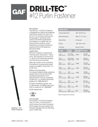 Drill-Tec #12 Purlin Fastener Data Sheet - 331