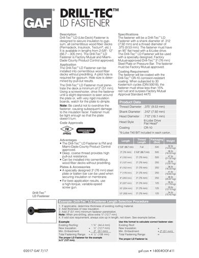 Drill-Tec LD Fastener Data Sheet