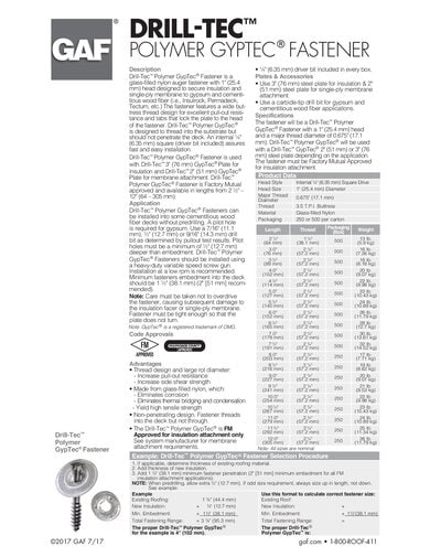 Drill-Tec Polymer GypTec Fastener Data Sheet