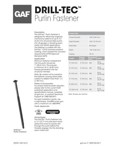 Drill-Tec Purlin Fastener Data Sheet