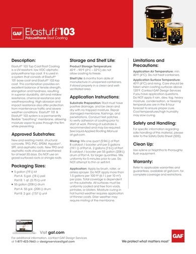 GAF Elastuff 103 Top Coat Roof Coating Data Sheet - COMCO725