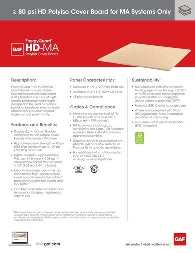 EnergyGuard HD-MA Polyiso Cover Board Data Sheet - COMGT506