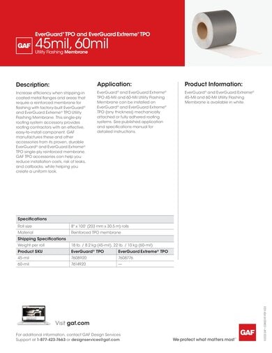 EverGuard and EverGuard Extreme TPO 45-Mil Utility Flashing Membrane Data Sheet - COMEG197