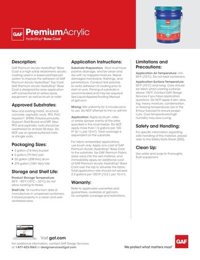 GAF Premium Acrylic HydroStop Base Coat Data Sheet - COMCO711
