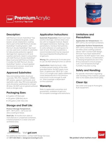 GAF Premium Acrylic HydroStop Top Coat Data Sheet - COMCO710