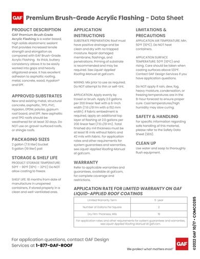 GAF Premium Brush-Grade Acrylic Flashing Data Sheet - COMCO285