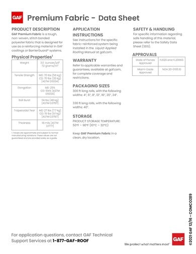 GAF Premium Fabric Data Sheet - COMCO289