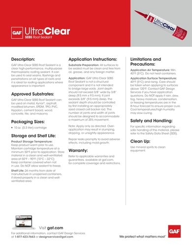 GAF Ultra Clear SEBS Roof Sealant Data Sheet - COMCO307