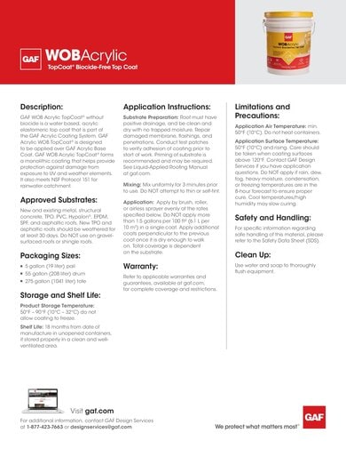 GAF WOB Acrylic TopCoat Data Sheet - COMCO717