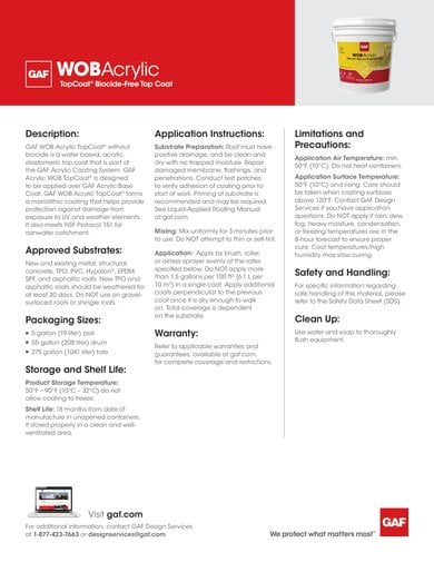GAF WOB Acrylic TopCoat Data Sheet - COMCO717