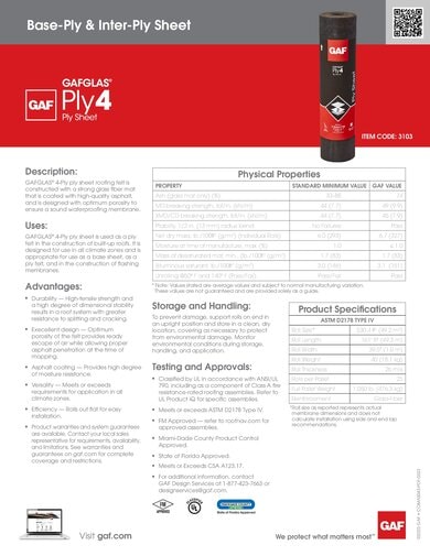 GAFGLAS Ply 4 Ply Sheet Data Sheet- COMAS043