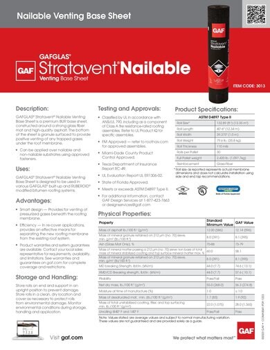 GAFGLAS Stratavent Nailable Venting Base Sheet Data Sheet - COMAS041