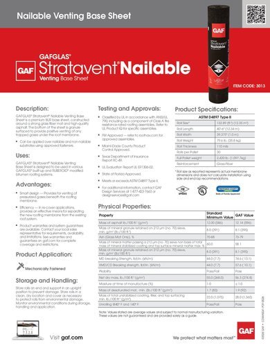 GAFGLAS Stratavent Nailable Venting Base Sheet Data Sheet - COMAS041