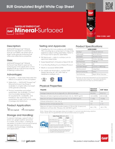 GAFGlas Energycap Mineral-Surfaced Cap Sheet BUR Granulated Bright White Data Sheet - COMAS062