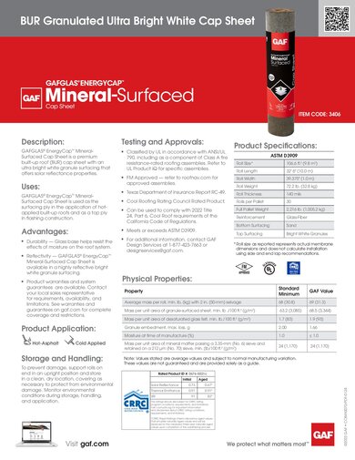 GAFGlas Energycap Mineral-Surfaced Cap Sheet BUR Granulated Ultra Bright White Data Sheet - COMAS070