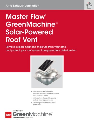 Master Flow GreenMachine Solar-Powered Roof Vent Data Sheet - RESMF158