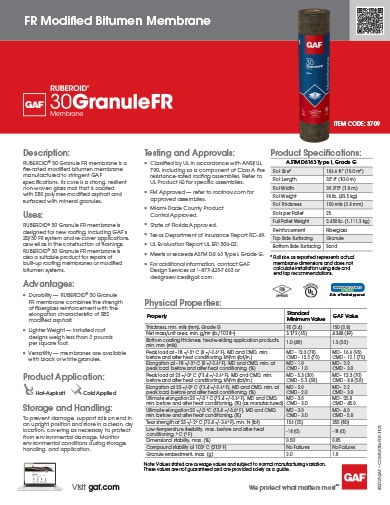 Ruberoid 30 Granule FR Modified Bitumen Membrane Data Sheet - COMAS036