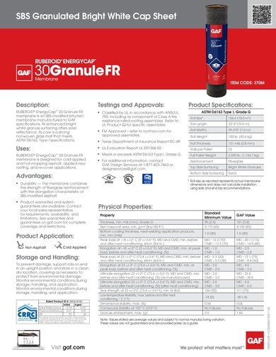 Ruberoid Energycap 30 Granule FR SBS Granulated Bright White Cap Sheet Data Sheet - COMAS067