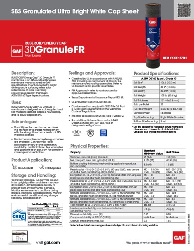 Ruberoid Energycap 30 Granule FR Membrane SBS Granulated Ultra Bright White Cap Sheet Data Sheet - COMAS075