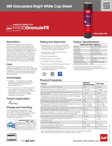 RUBEROID EnergyCap HW 30 Granule FR Membrane Bright White Data Sheet - COMAS077