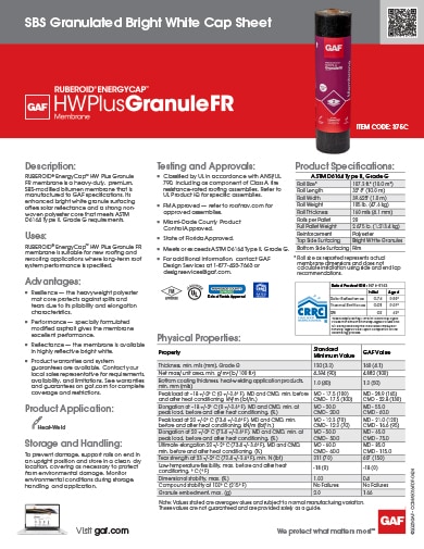 Ruberoid Energycap HW Plus Granule FR SBS Granulated Bright White Cap Sheet Data Sheet - COMAS066