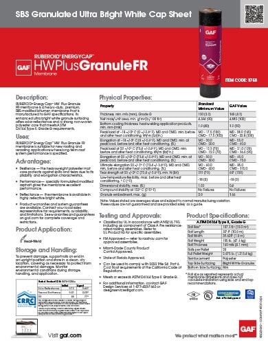 Ruberoid HW Plus Granule FR SBS Granulated Ultra Bright White Cap Sheet Data Sheet - COMAS074
