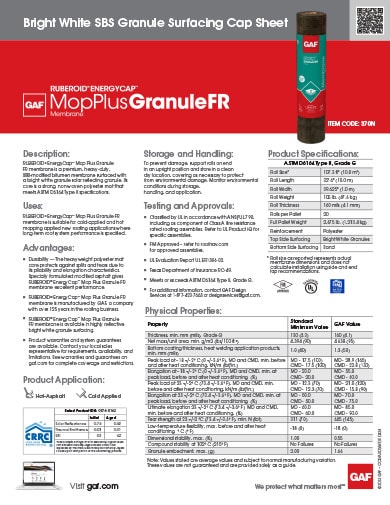 Ruberoid Energycap Mop Plus Granule FR SBS Bright White Granule Surfacing Cap Sheet Data Sheet - COMAS065