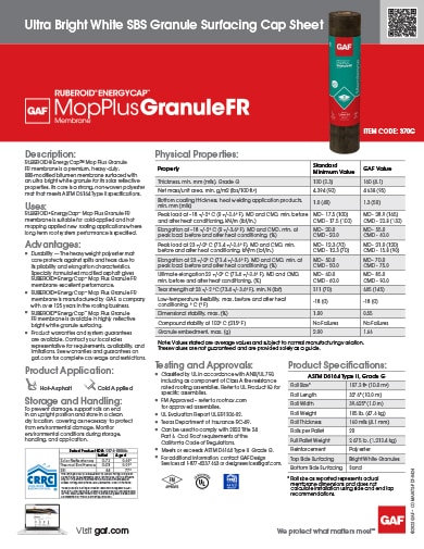 Ruberoid Energycap Mop Plus Granule FR Ultra Bright White SBS Granule Surfacing Cap Sheet Data Sheet - COMAS073