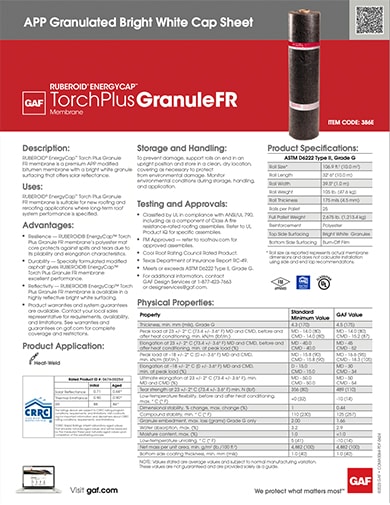 Ruberoid EnergyCap Torch Plus Granule FR APP Granulated Bright White Cap Sheet Data Sheet - COMAS064