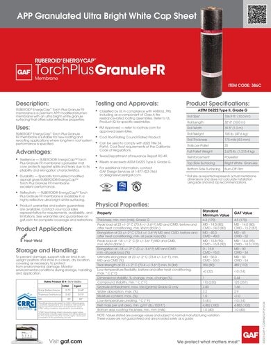 Ruberoid Energycap Torch Plus Granule FR Membrane APP Granulated Ultra Bright White Cap Sheet Data Sheet - COMAS072