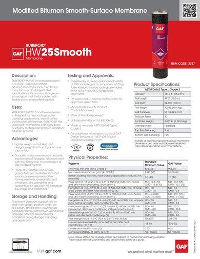 RUBEROID HW 25 Smooth Membrane Data Sheet - COMAS030