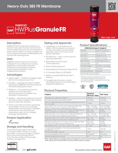 Ruberoid HW Plus Granule FR Heavy Duty SBS FR Membrane Data Sheet - COMAS026