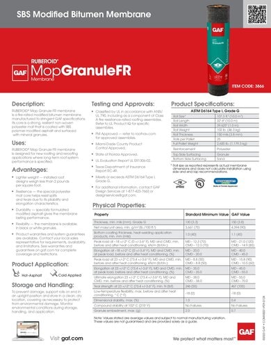 Ruberoid Mop Granule FR SBS Modified Bitumen Membrane Data Sheet - COMAS021