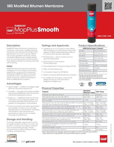 RUBEROID MOP Plus Smooth Membrane Data Sheet - COMAS035