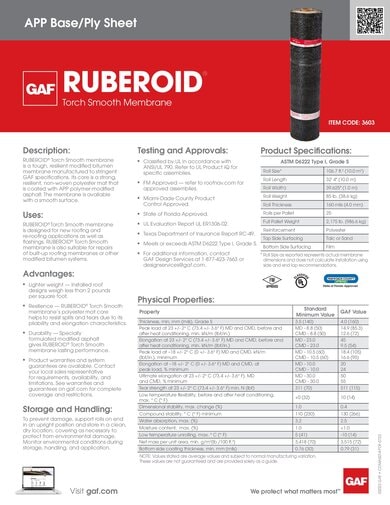 RUBEROID Torch Smooth Membrane Data Sheet - COMAS014