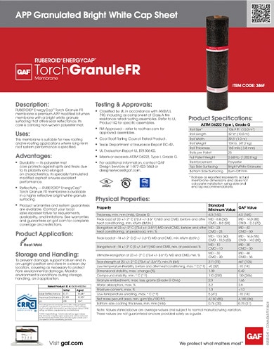 Ruberoid Energycap Torch Granule FR APP Granulated Bright White Cap Sheet Data Sheet - COMAS063