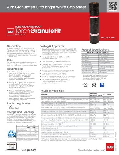 Ruberoid Energycap Torch Granule FR APP Granulated Ultra Bright White Cap Sheet Data Sheet - COMAS071