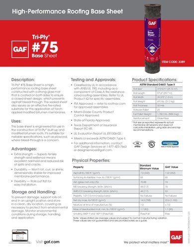 Tri-Ply #75 Base Sheet Data Sheet - COMAS048