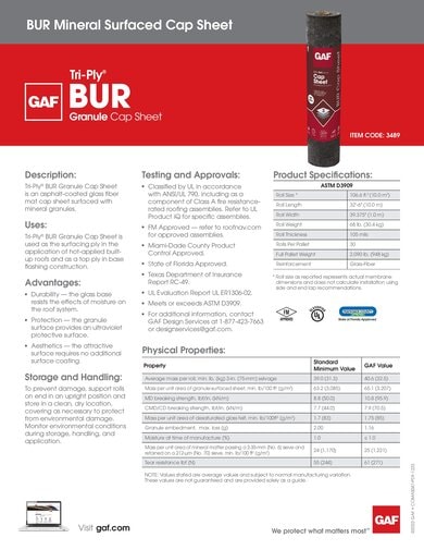 Tri-Ply BUR Granule Cap Sheet Data Sheet - COMAS047