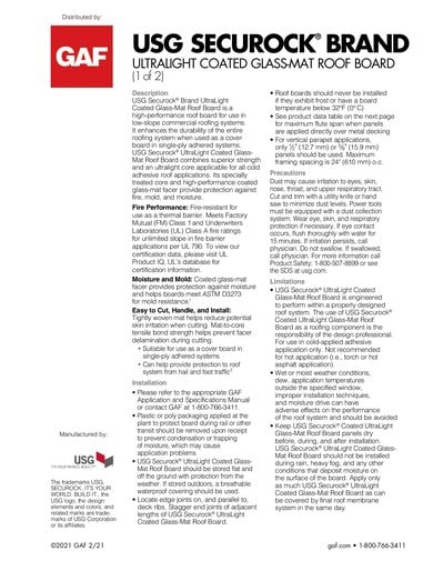 USG Securock Brand UltraLight Coated Glass-Mat Roof Board Data Sheet