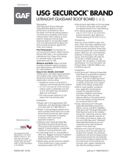 USG Securock Brand UltraLight Glass-Mat Roof Board Data Sheet