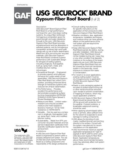 USG Securock Brand Gypsum-Fiber Roof Board Data Sheet