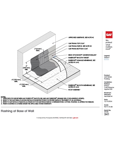 GAF PMMA Flashing Interply Cold-Applied Flashing at Base of Wall Detail - 075600-341