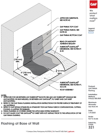 GAF PMMA Flashing Interply Flashing at Base of Wall Detail - 075600-321