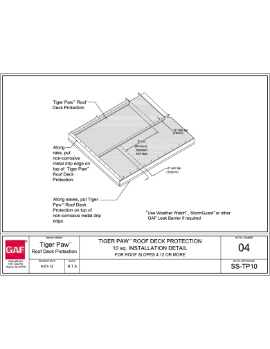 Tiger Paw 10sq. Installation Detail For Roof Slopes 4:12 or more - SS-TP10-04