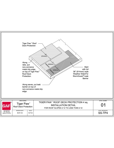 Tiger Paw 4sq. Installation Detail For Roof Slopes 2:12 to less than 4:12 - SS-TP4-01