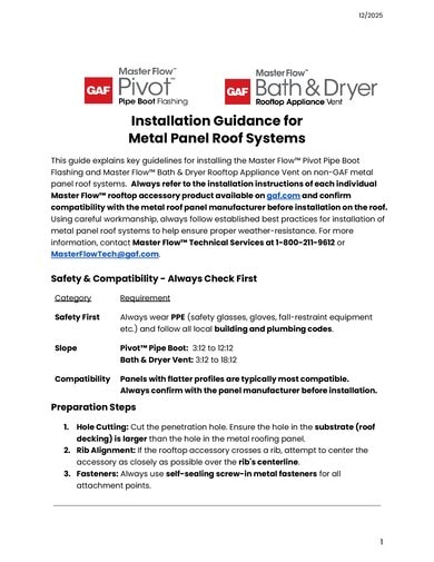 Master Flow Pivot and Bath & Dryer - Metal Panel Install Guidelines